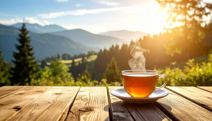 Hot morning tea in a white mug on a wooden table on the terrace