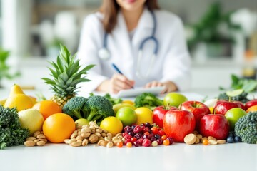 Fresh fruits, vegetables, and nuts on a table with a doctor writing in the background, bright natural style, white background, concept of nutrition and health, Ai generative