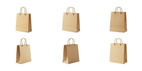 Set of Brown Kraft Paper Shopping Bags with Handles Isolated
