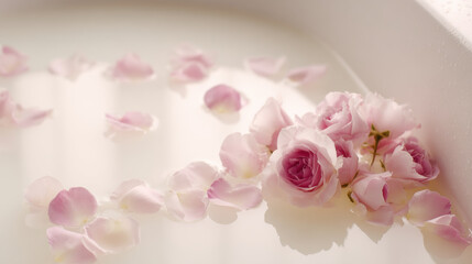 serene overhead view of bathtub filled with milk and delicate rose petals creating calming atmosphere