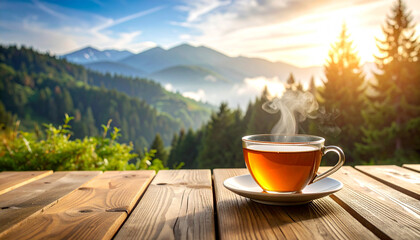 Hot morning tea in a white mug on a wooden table on the terrace