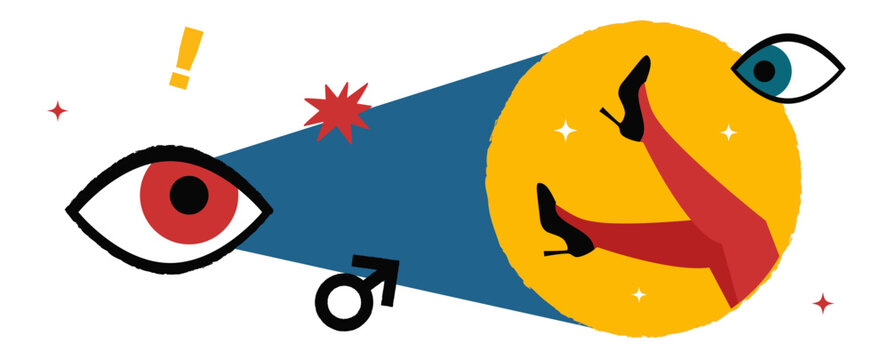 A conceptual illustration depicting a male gaze. A large eye directed at a circle with a woman's feet in high heels. A symbol of objectification and the passive female role in cinema.