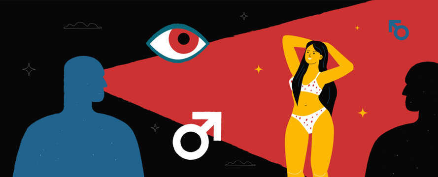 A conceptual illustration depicting a male gaze. Man's silhouettes aimed at a woman in a bikini. A symbol of objectification, perception, and the influence of gender roles in the media.