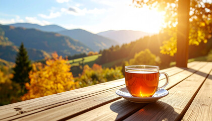 Hot morning tea in a white mug on a terrace table