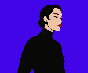 Vector portrait of an elegant woman with dark hair in a bun, wearing a black turtleneck, on a blue background. Sophisticated minimalist character, timeless chic style, and modern graphic design.