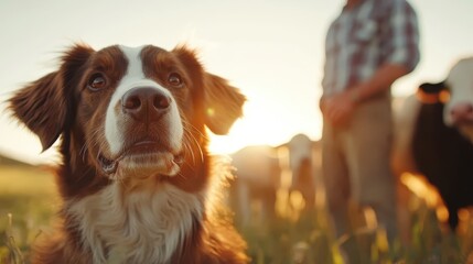 A beautiful scene depicting a dog in a field during sunset, with a farmer and cattle in the background, embodying the essence of rural life and companionship with nature.