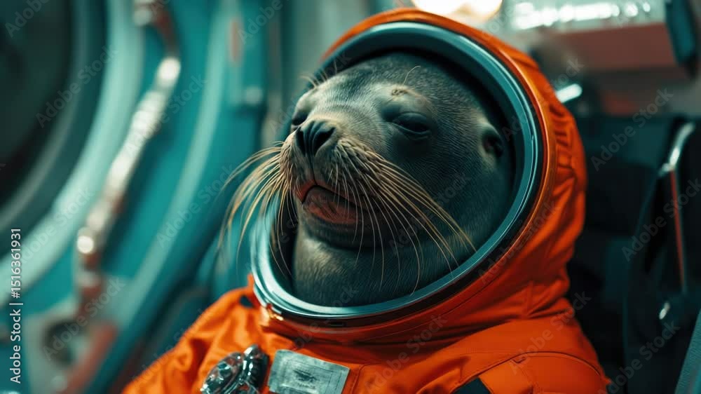 Poster an astronaut wearing an orange space suit sits in front of a window, preparing for space travel