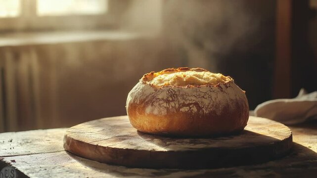 Freshly baked loaf of bread resting on a rustic wooden cutting board