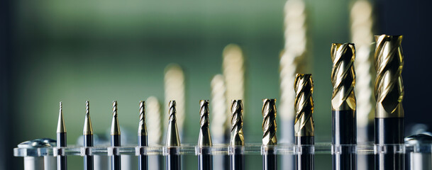 Diverse cnc milling drill bits on display, banner
