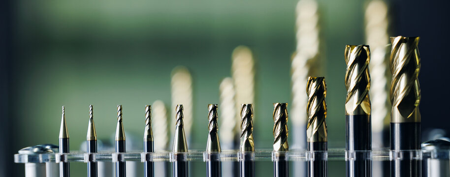 Diverse cnc milling drill bits on display, banner
