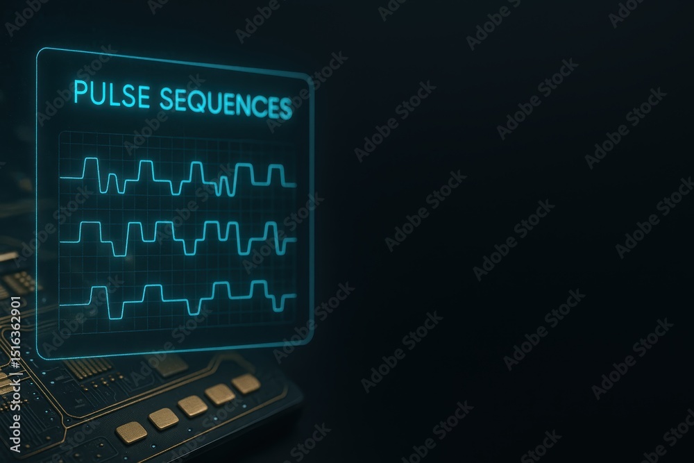 Poster Digital Pulse Sequences Displayed on a Dark Background with Circuit Patterns and Neon Effect