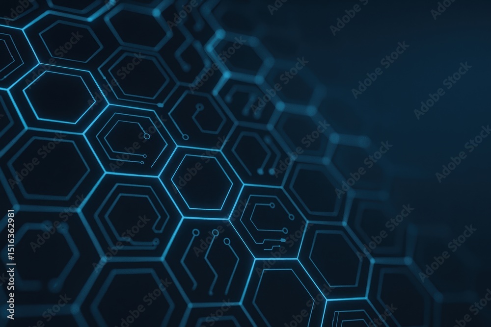 Poster abstract technology background with hexagonal shapes and circuit patterns in blue color