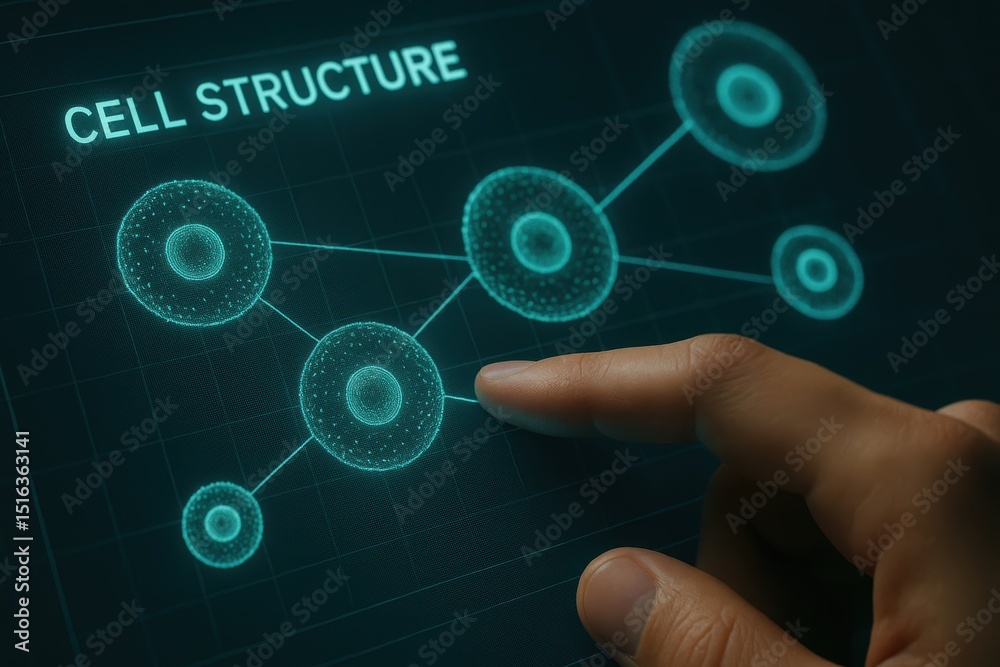 Poster interactive digital representation of cell structure with hand gesture on futuristic interface