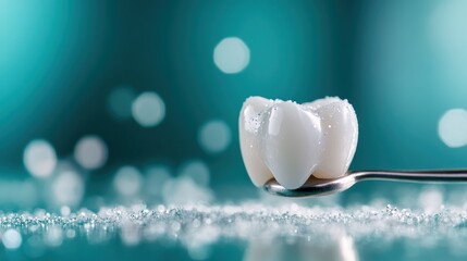 An artistic representation of a tooth model delicately balanced on a spoon against a shimmering background, symbolizing dental care and the importance of oral hygiene.