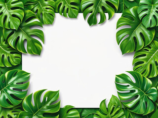Naklejka premium A lush border of vibrant green monstera leaves framing a pristine white space, ideal for text, images, or tropical-themed designs.