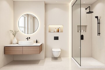 Elegant minimalist bathroom interior with a round mirror, floating wood vanity, and walk-in glass shower on a light neutral background. Concept of luxury. Ai generative