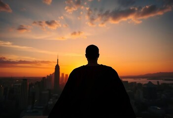 Fototapeta premium Superhero silhouette against cityscape at sunset, adventure, action