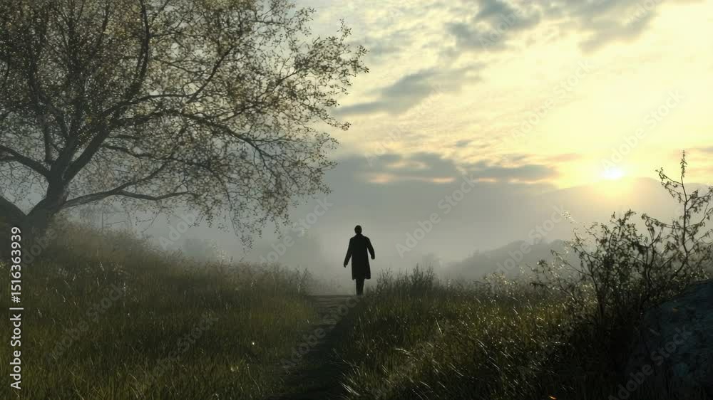 Poster A person standing in a open field with a tree in the background, possibly for contemplation or relaxation