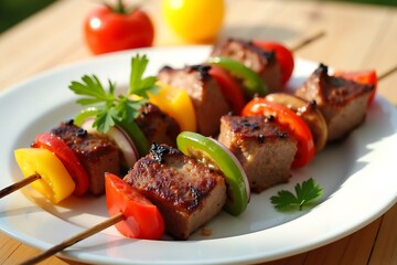 Grilled meat and vegetable skewers served on wooden board with herbs, colorful BBQ kebabs perfect for summer party or outdoor picnic
