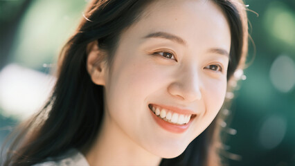 Fototapeta premium Close-up portrait of a woman smiling joyfully in natural light