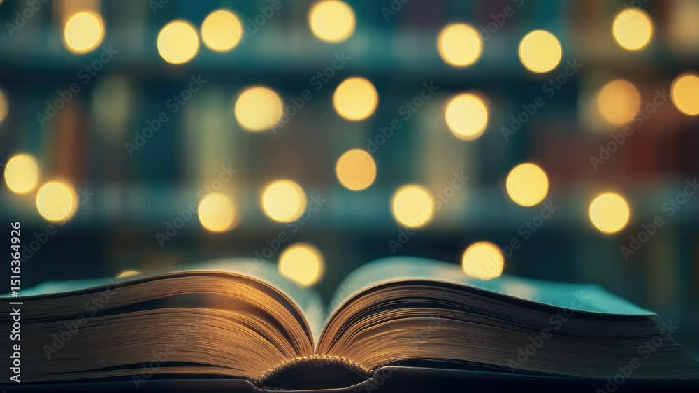 Poster A open book resting on a table with a calm and serene atmosphere