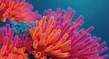 Pink and red sea anemone flowers bloom underwater, a beautiful macro close-up of ocean life