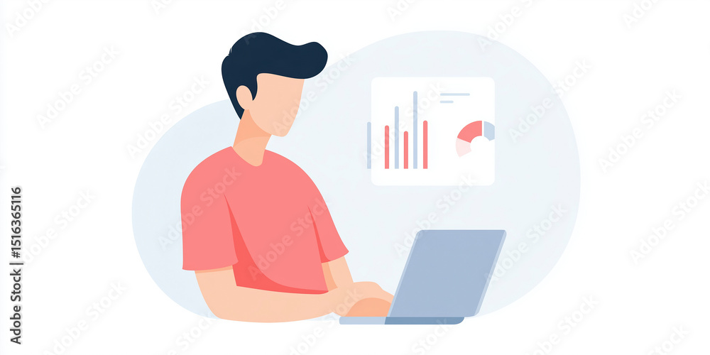 Poster data analysis professional working on laptop with charts and graphs displayed on screen, showcasing 