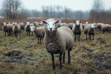 Obraz premium Playful White Sheep in a Rustic Farm Setting, an Adorable Pastoral Scene, Generative AI
