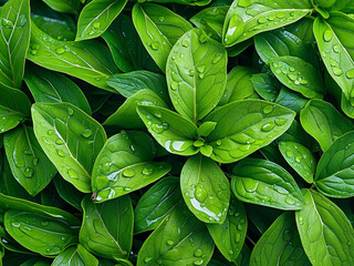 Fototapeta premium A vibrant close-up of fresh green leaves adorned with water droplets, creating a refreshing and natural texture. Ideal for backgrounds or nature themes.