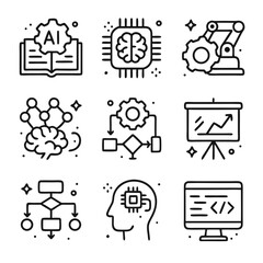 Artificial intelligence icons feature various concepts in black and white. Perfect for tech presentations, website designs, digital projects.