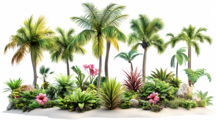 Tropical paradise illustration featuring palm trees lush vegetation and artistic isolated on white transparent background PNG cutout