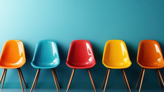 A set of five vibrant, colorful chairs stands against a bright blue wall, showcasing modern design and playful aesthetics that bring energy to any space.