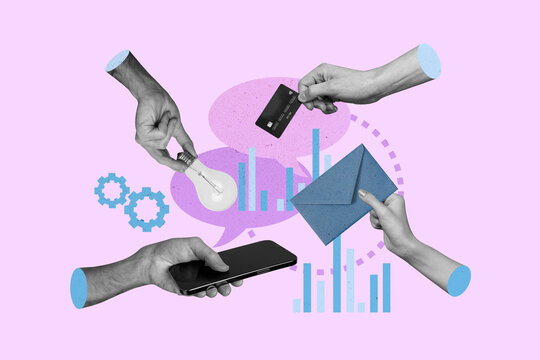 Trend artwork composite photo collage design of four hand hold idea lamp credit bank card smartphone bank app message envelope data trade