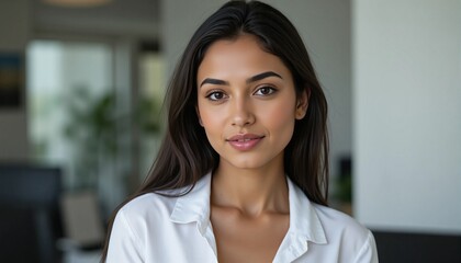 Portrait of young woman with dark hair and wearing white shirt camera indoors