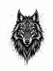Obraz premium Black and White Wolf Head Illustration with Yellow Eyes and Artistic Ink Splatter Design