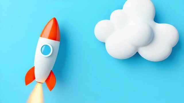 Rocket launch with orange flame, blue sky, fluffy white cloud, minimal and creative design, symbolizing innovation, creativity, and new beginnings, featuring rocket with orange fins and nose cone