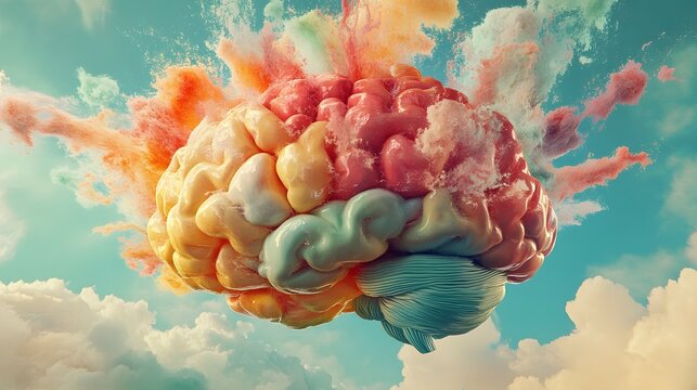 Colorful brain exploding with creativity in the sky.
