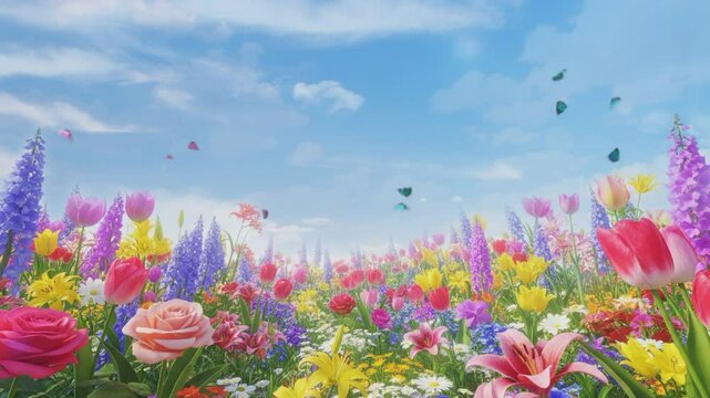field of flowers with sky background 