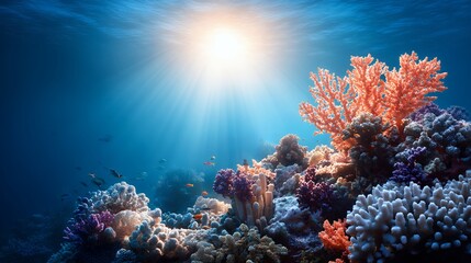 Obraz premium Vibrant Coral Reef Underwater Scene with Sunlight