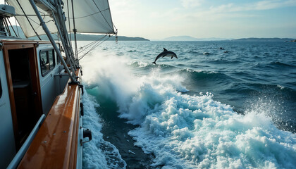At the Edge of a Boat as it Sails Through the Ocean with Powerful Waves Crashing Against the Hull and Dolphins Jumping in the Distance for Travel Blogs, Adventure Websites