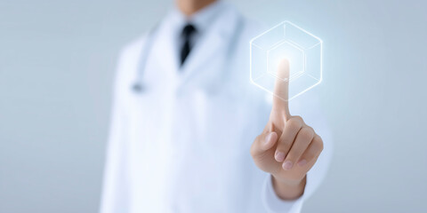 Medical professional interacting with digital interface technology, showcasing innovation in healthcare and patient care solutions, healthcare technology concept