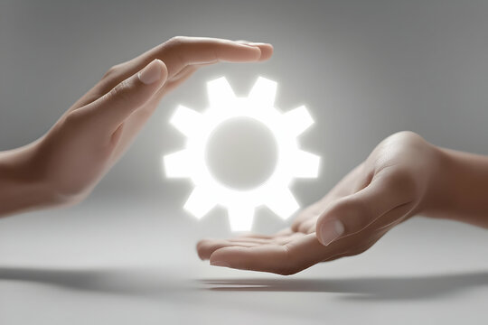 Two hands gently frame a glowing gear, symbolizing care and innovation in technology or engineering.