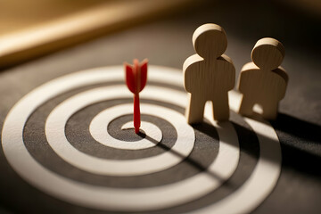 Two wooden human figures stand beside a bullseye target with a red dart hitting the center, symbolizing goal achievement and focus.