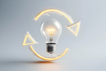 A glowing light bulb surrounded by two circular arrows symbolizes innovation, creativity, and sustainable ideas.