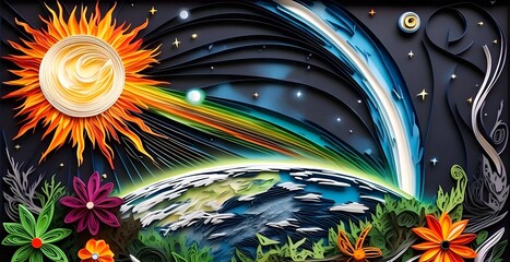 Space view: 2003 Halloween Solar Storm. Massive flare erupts, hitting Earth. Magnetosphere glows, auroras spread, GPS flickers with the fresh garden in quilling paper style.