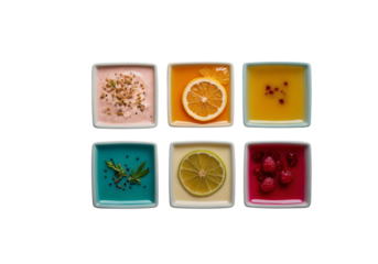 Artisan Drinks in Top-Down Grid – Vibrant Mocktails and Lattes in Ceramic and Glassware