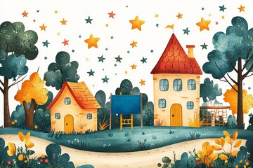 Pastel cartoon school background with cute house, playground, colorful stars, and central blue space for text in child-friendly design