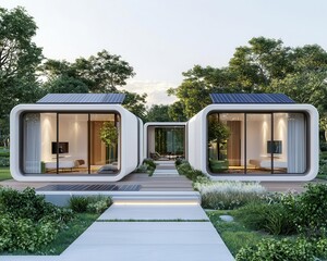 Fototapeta premium Modular, ecofriendly EarthTech housing units equipped with solar roofs and smart home technology
