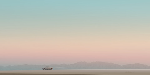 Minimalist countryside landscape at sunset have car on local road through the field and mountain ranges graphic illustrated.