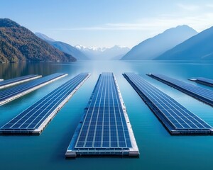 Floating solar farms on a serene lake, monitored by EarthTech AI systems for efficiency and sustainability